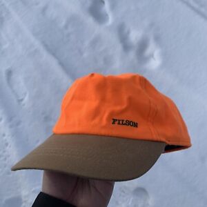 Vtg Filson Orange Tan Hat Cap Hunting Fishing USA Made Blaze Tin Cloth Ear Flaps
