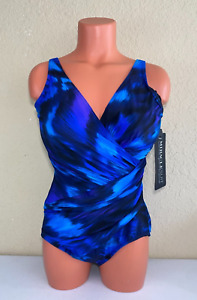 Miraclesuit Womens Oceanus V Neck One Piece Swimsuit Blue Size 12
