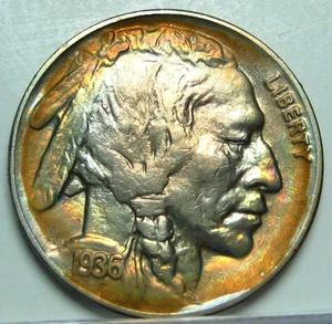 1936 TONED BUFFALO NICKEL~APPEARS BRILLIANT UNCIRCULATED~NICE LUSTER AND TONING* - Picture 1 of 4