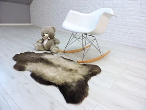 TAPPETO VERA PELLE DI PECORA HERDWICK PANNA MARRONE PELLICCIA PANCA COPRI SEDIA 154/1 - Foto 1 di 7