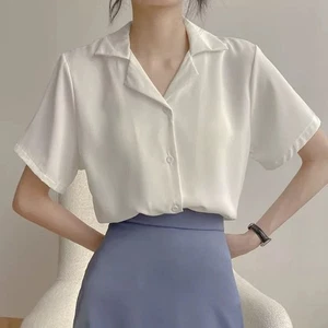 Kurzarm-Shirt Lose Hemd Hemd Einfarbig Frauenkleidung Modisch Polyester - Picture 1 of 17