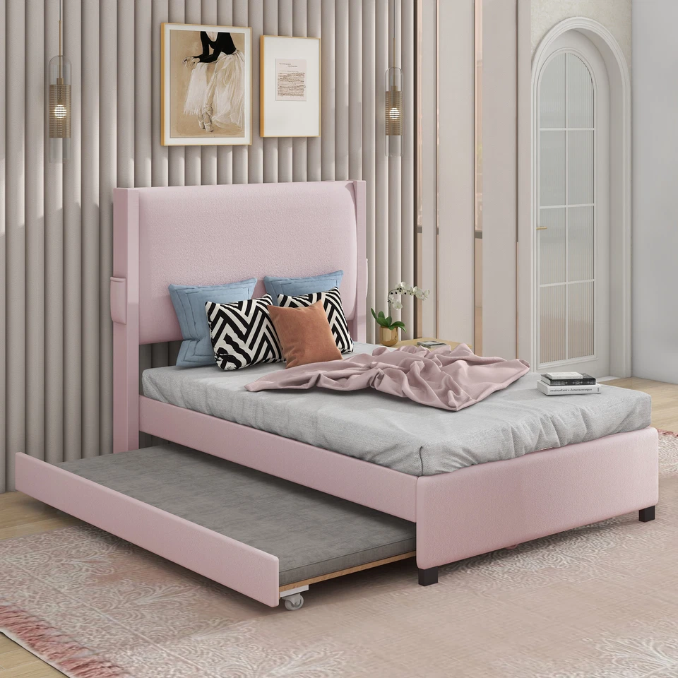 QUADRO DE CAMA ESTOFADO TAMANHO TWIN ROSA com CAMA DE RODÍZIO, TECIDO DE PELÚCIA, FUNCIONAL USB - Imagem 1 de 4