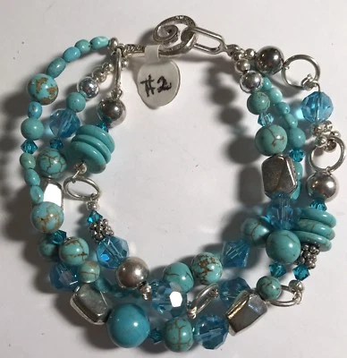 Triple Strand Turquoise & Tibetan Silver, 8", Hook Clasp - Image 1 of 3