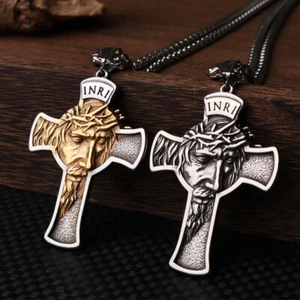 Mens Stainless Steel Jesus Christ Face Crucifix Cross Pendant Necklace - Picture 1 of 12