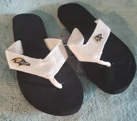 Baltimore Ravens White Sequined Flip Flops women's small 7-8 NWT Cover