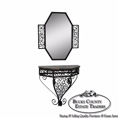 Art Deco Oscar Bach Style Iron Marble Top Wall Console w/ Mirror Cover