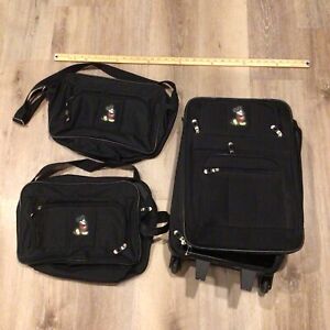 Disney Mickey Mouse Luggage Set 3 Piece Black Nylon Used 19” X 13 & 2 Duffles