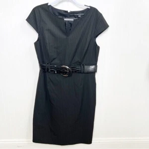 Antonio Melani Black Subtle Stripe Belted Cap Sleeve Sheath Dress Size 14” - Picture 1 of 5