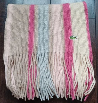 Bufanda vintage con flecos 100 % lana Lacoste, rayas rosa gris tostado, logotipo de cocodrilo Foto 1 de 4