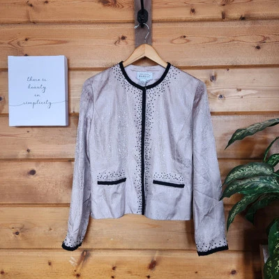 Chaqueta Adrianna Papell 100% Seda Metálica Cuentas Oficina Carrera Bordada Talla 10 Foto 1 de 4