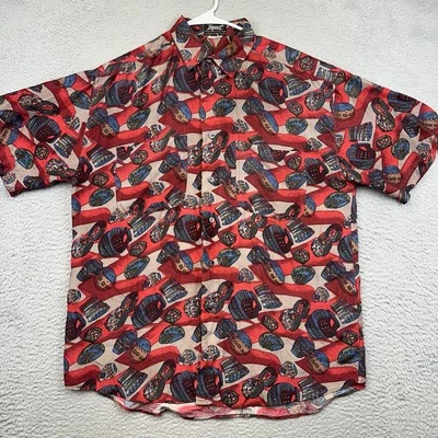 Impact Shirt Mens Medium Red Allover Print Silk Button Up Aztec Pottery Casual - Image 1 of 4