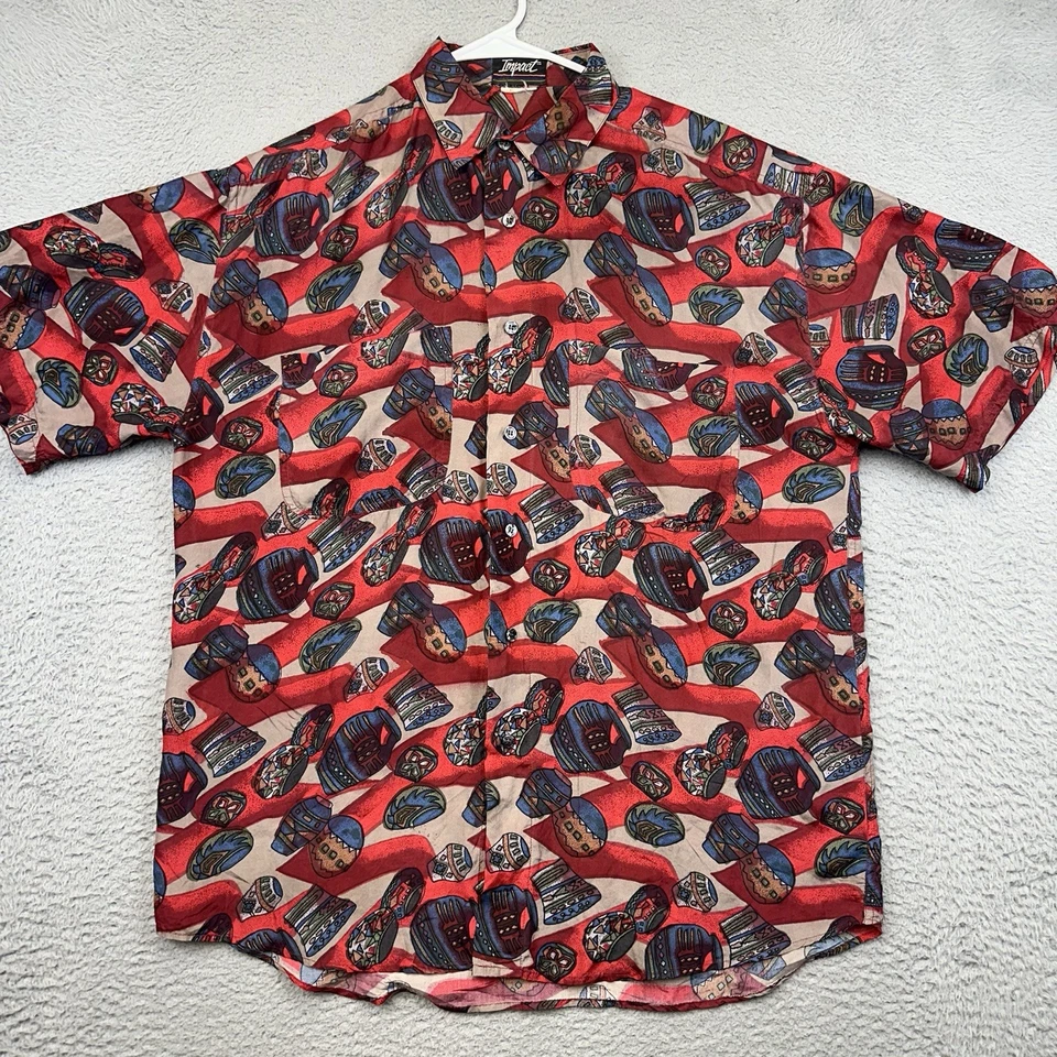 Impact Shirt Mens Medium Red Allover Print Silk Button Up Aztec Pottery Casual - Image 1 of 4