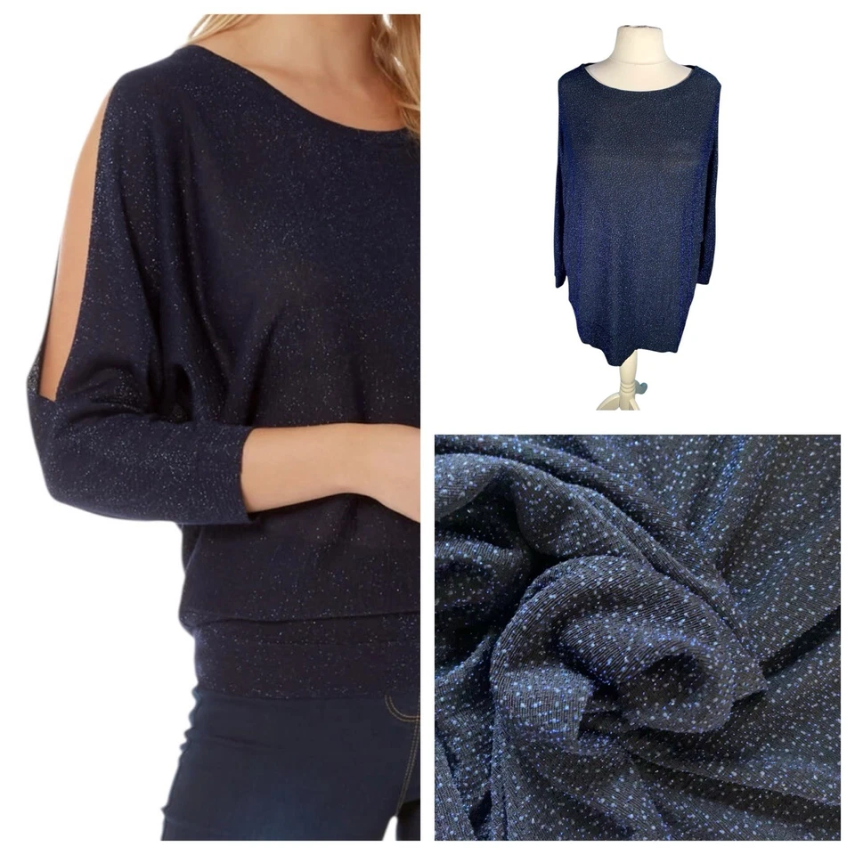 DEBENHAMS Blue Jumper Top Size 20 Sparkle Cold Shoulder Stretchy Casual Occasion - Image 1 of 4