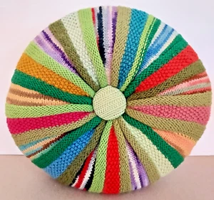 Handmade Round Colorful Knitted Pillow Cushion Central Button Radial Pattern - Picture 1 of 2