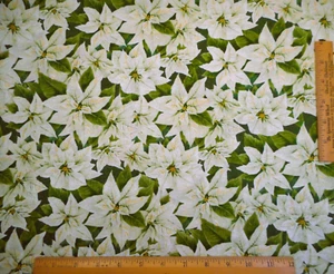 Christmas Fabric 1 Yard Cream Poinsettias Green Leaves Premium Cotton #28 Vtg C - Picture 1 of 2