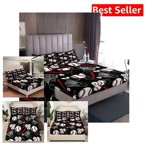 King Size Baseball Bed Sheets Set - 4-Piece Softball Sports Bedding Collection - Picture 1 of 8