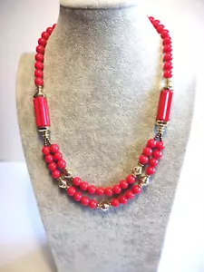 Vintage Red Acrylic Bead Necklace 24" Long Silver Tone Round and Oblong Beads - Picture 1 of 6