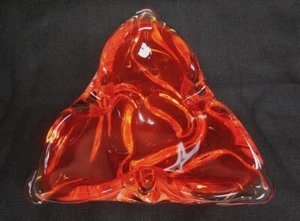 Chalet Mid-Century Large Hand-Blown Trillium Ashtray Orange Vintage Art Glass - Picture 1 of 12