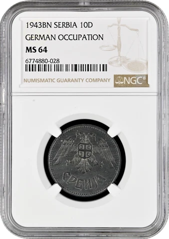 Serbia 10 dinara 1943 BP, NGC MS64, "German occupation (1941 - 1945)" Cover