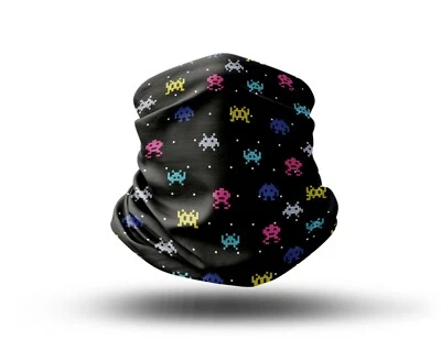 Washable Fabric Face Cover Neck Gaiter Print Space Invaders Design EU Made - Image 1 of 4