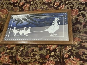 Vintage Holzrahmen Spiegel (33"x19") Radierung von Ente/Gans Familie/Hütte Kern - Bild 1 von 4