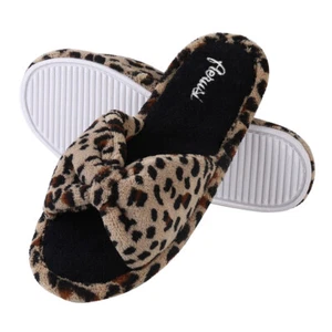 Acogedoras zapatillas con patrón de leopardo punta abierta para mujeres moda moño spa zapatos de interior - Imagen 1 de 12