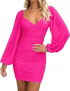 BTFBM HOT PINK FUCHSIA SEXY GERAFFT PARTY CLUB COCKTAIL BODYCON MINIKLEID V-AUSSCHNITT - Bild 1 von 5