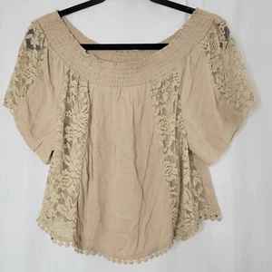 Pan Handle Slim Off Shoulder Top Medium Tan Lace Short Sleeve - Picture 1 of 6