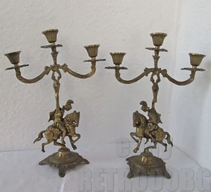 2 x12+"  horse horseman rider knight candle holder stand, brass candelabra, pair - Foto 1 di 12