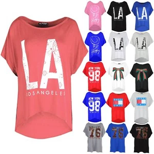 Ladies Los Angeles Off Shoulder Bardot Baggy T Shirt Women Batwing Lagenlook Top - Picture 1 of 65