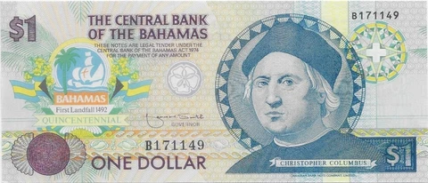Bahamas Papermoney, P-50 1 Dollar Commemorative 1992 Uncirculated Banknote Cover