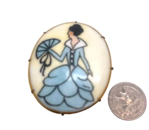 Broche grande de porcelana vintage pintado a mano para dama con abanico - Imagen 1 de 2