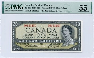 1954 $20 DEVIL'S FACE Bank of Canada Scarce E/E Prefix, About UNC, PMG AU55 - Image 1 of 2