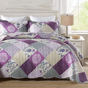 Trapunta Queen Viola - Copriletto Queen Size, Trapunta Reversibile Patchwork Floreale Be - Foto 1 di 12