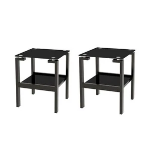 2-piece Black Tempered Gass End Table Set, Sofa table with 2-layer Storage Shelf - Picture 1 of 6