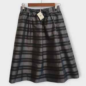 LL Bean Signature Skirt Womens Size 2 Black Gray Silk Taffeta Stripe Bow A-Line - Picture 1 of 13