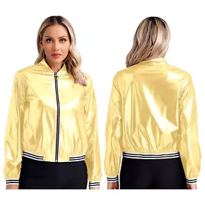Women Metallic Long Sleeve Baseball Jacket Shiny Holographic Zipper Jacket Coats - Picture 1 of 36