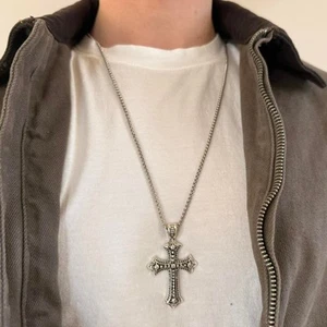 Y2K Silberfarben Kreuz Anhänger Halskette Unisex 22" Kette Streetwear Neu - Bild 1 von 3