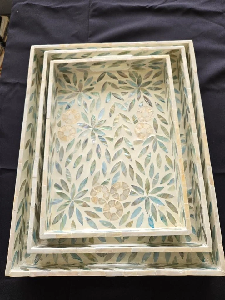 == Tozai Home 3 PC Decorative Serving Tray Set Inlay Aqua Jewel Tones Handmade - Image 1 of 4