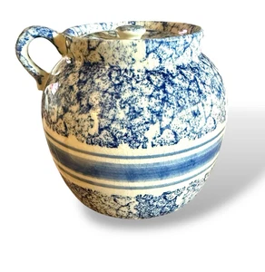 VTG Prestige Place Blue Spongeware Crock Handle Lid Jar Museum American Folk Art - Picture 1 of 13