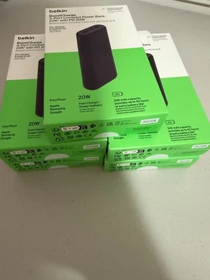 Lot of 5x Belkin BoostCharge POWER BANK 20k mAH - 20W PD, 2 USB, 1 USB-C Ports - Image 1 of 3
