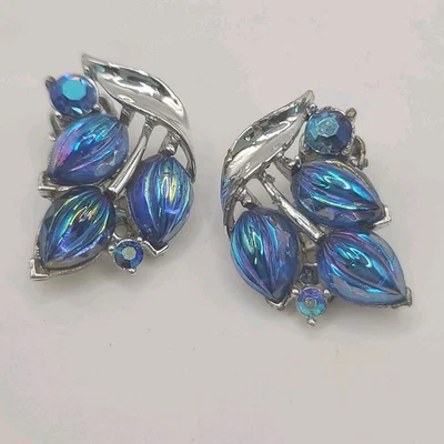 Vintage Blue Iridescent Signed STAR Peacock Clip Ons - Image 1 of 4