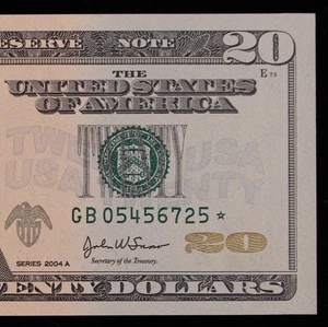 $20 2004A Gem CU Star Federal Reserve Note GB05456725* series A, Run 2, New York - Picture 1 of 3