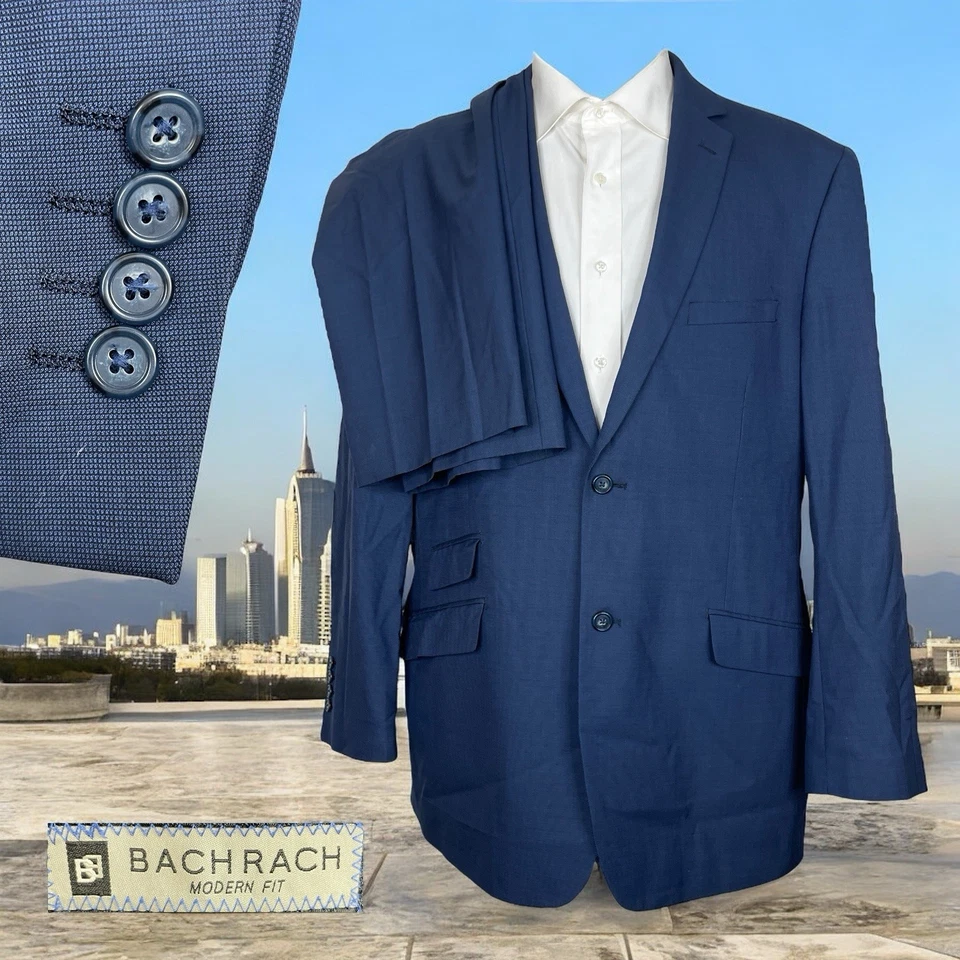 Bachrach 2 Piece Suit Mens 44R 38x29 Blue Solid Wool Double Vented Two Buttons - Image 1 of 4