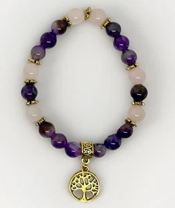 Handmade Amethyst & Rose Quartz Beaded Bracelet Celtic Tree Of Life Charm 8mm - Picture 1 of 2