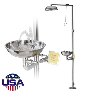 Emergency Eyewash Eye Wash Station Stainless Steel  Shower Station Silver Color - Picture 1 of 10