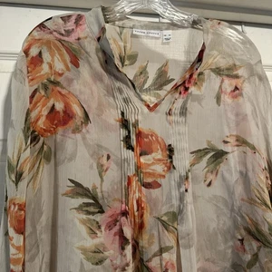 Susan Graver Women Blouse Top XL Floral Chiffon Pintuck Long Sleeve Pullover - Picture 1 of 8