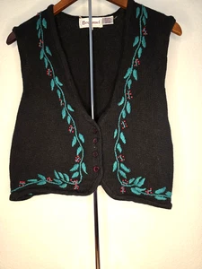 Vintage Bechamel Black Sweater Vest with Holly and Berry Embroidery Large - Picture 1 of 7