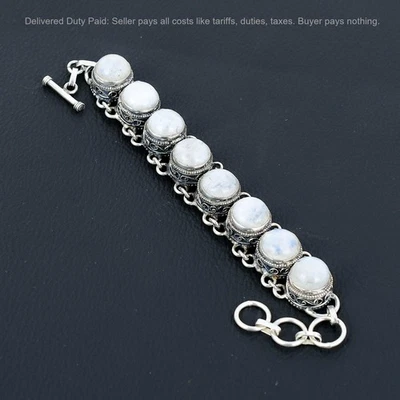 Pulsera Joyería Nueva Cadena Vintage Plata Esterlina 925 Piedra Lunar Arco Iris Natural Foto 1 de 4