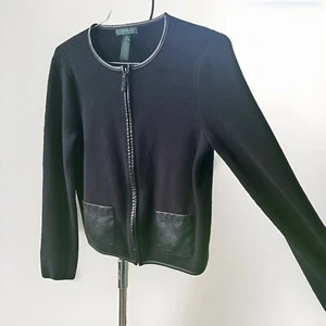 Ralph Lauren Black Suit Jacket Women Medium Fancy Knit Cardigan Zip Pockets - Picture 1 of 19
